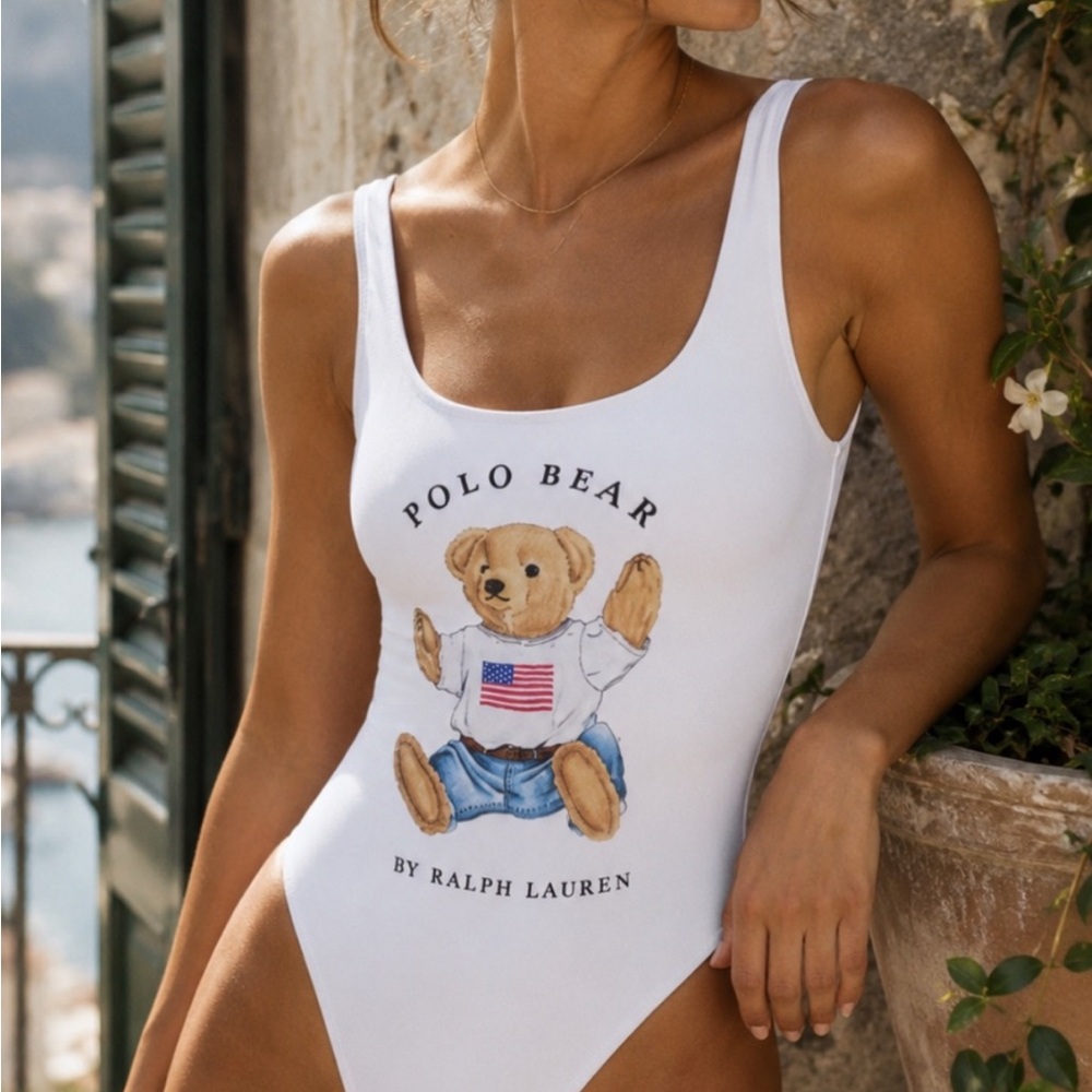 New Polo Ralph Lauren Polo Bear Scoop Neck Terry One Piece Swimsuit
